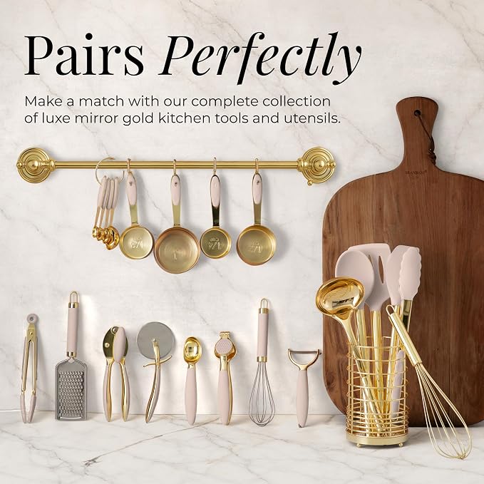 Styled Settings Beige and Gold Kitchen Utensils Set, 8-Piece | Silicone, 8 PC Cooking Gadgets with Mini Gold, Pizza Cutter, Garlic Press, Cheese Grater, Peeler