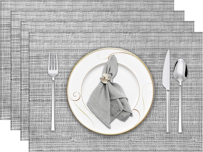 Grey Placemats Set of 4, 12x18 Inch Washable Easy to Clean Heat-Resistant Anti-Skid Grey Placemats for Holiday Party Kitchen Dining Room Decoration