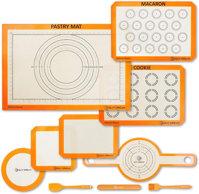 GUY DREAM All-in-One Silicone Baking Mat Set - Kneading Mat, Cookie & Macaron Half Sheet, 1/4 Sheet Mat, Square & Round Cake Mats, Artisan Bread Sling- Ideal Gift for Baking