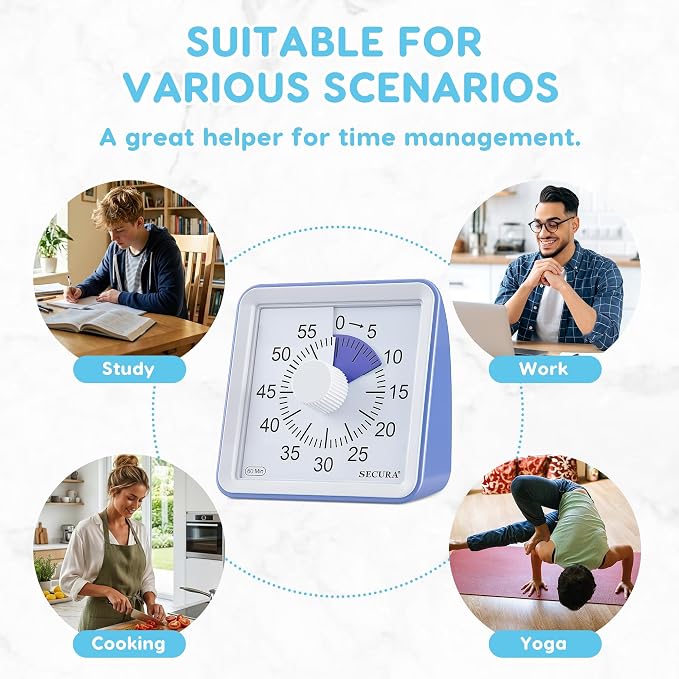 Secura Visual Timer for Kids, 60 Minute Classroom Countdown Timer for Study | Non-Ticking, Adjustable Alarm Volume/Duration, Low Power Reminder, Time Management Tool for ADHD (Purple & Purple)
