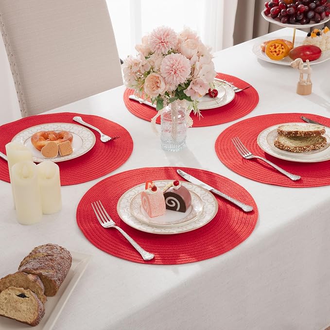 SHACOS Round Placemats Set of 4 Non Slip Washable Place Mats 15 inch Cotton Polyester Braided Placemat for Christmas Home Wedding Party Dining Table Decor (Red, 4)