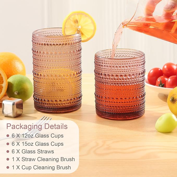 ZMOWIPDL Drinking Glasses Set of 12,Purple 12oz & 15oz Hobnail Glass Cups | Vintage Glassware，Embossed Water Tumbler,for Beer,Cocktail,Whiskey,Juice and Various Mixed Drinks- 1 Cleaning Brush