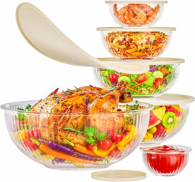 Glass Mixing Bowls with Lids Sets - 6 Packs Size: 5.9-3.7-2.1-1-0.5-0.2QT, Borosilicate Nesting Glass Bowls Containers for Baking,Salad,Meal Prep,Serving,Food Storage,BPA Free & Dishwasher Safe