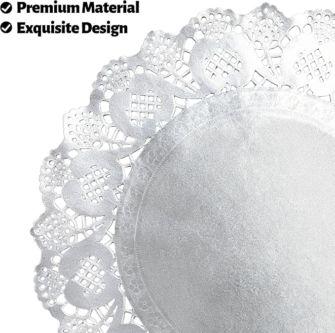 MCEAST 100 Pack Round Silver Paper Doilies 13.5 Inches Lace Paper Place Mats Rustic Scallop Doily Disposable Table Pads for Food Cakes Crafts Party Weddings Tableware Decor