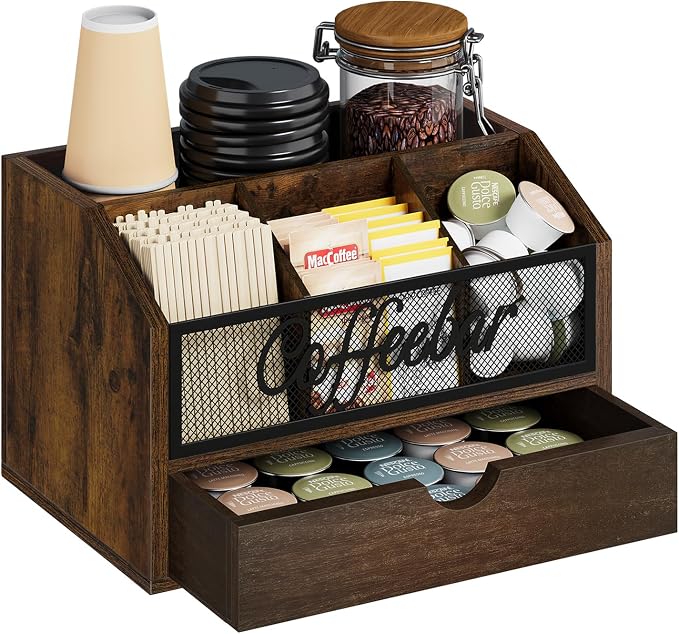 YINMIT Coffee Station Organizer with Drawer for Countertop, Wood Coffee Bar Organizer with Removable Dividers for Pods, Syrup, Cups, Stirrer, Tea, Iron Mesh-Vintage Brown, 2 Tier