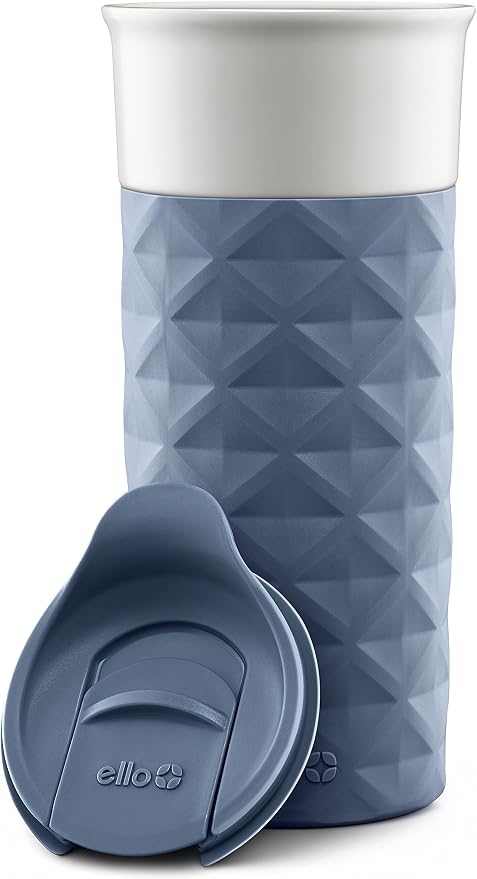 Ello Ogden BPA-Free Ceramic Travel Mug with Lid, Evening Blue, 16 oz | Splash-resistant ceramic travel mug with slider lid and protective silicone sleeve. BPA-free, great for coffee and tea.