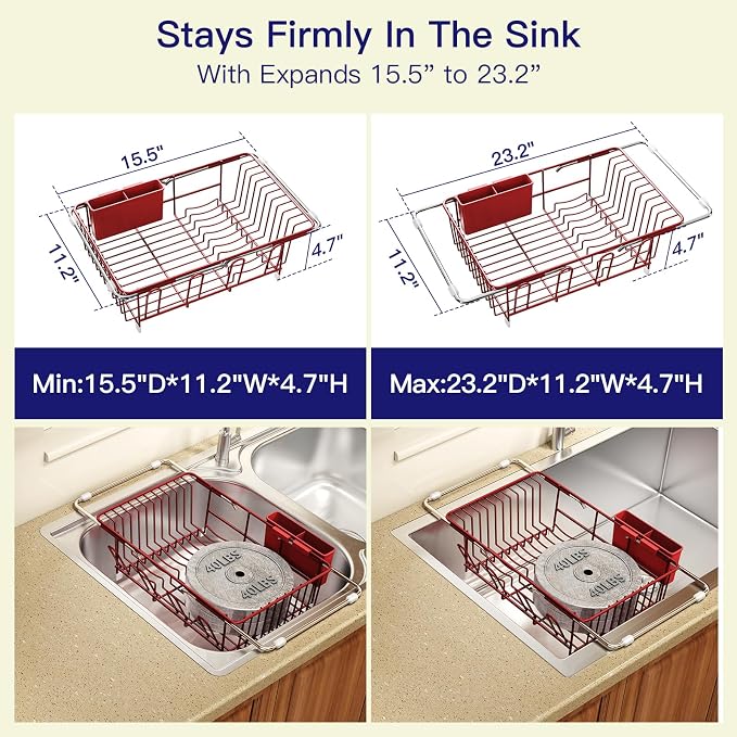 Red Dish Drying Rack Over The Sink with Utensil Holder, Mat | Expandable Stainless Steel Dish Drainer for Small Kitchen, Apartment, RV, Counter Space Saving, Perfect Fit, Rustproof