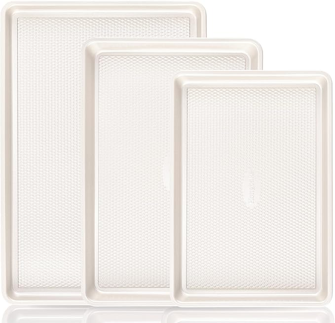 3 Pack Nonstick Ceramic Baking Sheet Pan Set for Oven, Non-Toxic Half/Quarter/Jelly Roll Pans with Diamond Texture, 0.8mm Aluminized Steel Cookie Trays for Cooking, Cream