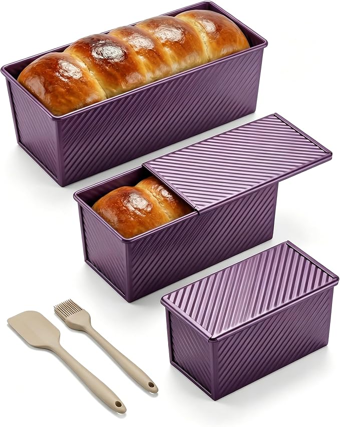 CARTMAN 3-Piece Pullman Loaf Pan with Lid, 2.2/1/0.8 LB Bread Pan, Purple | Includes 2.2/1/0.8 LB sizes & silicone tools, bottom vents, nonstick carbon steel, nesting storage, for bread & brownies