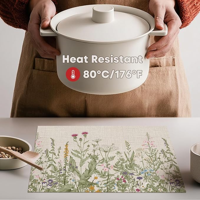 Artoid Mode Wildflower Vinyl Placemats Set of 4, Washable Non-Slip Plastic PVC Table Mats for Spring Party Kitchen Dining Decor, 12x18 Inch