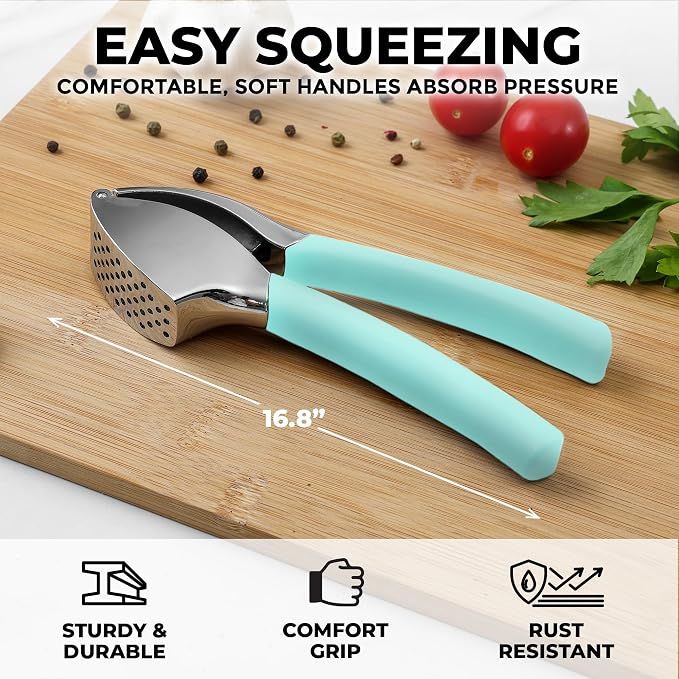 Zulay Kitchen Metal Comfort Grip Garlic Press | Garlic Mincer Tool - Garlic Crusher - Rust Proof Press, Ergonomic Handle, Easy Clean with Peeler and Brush - Light Blue
