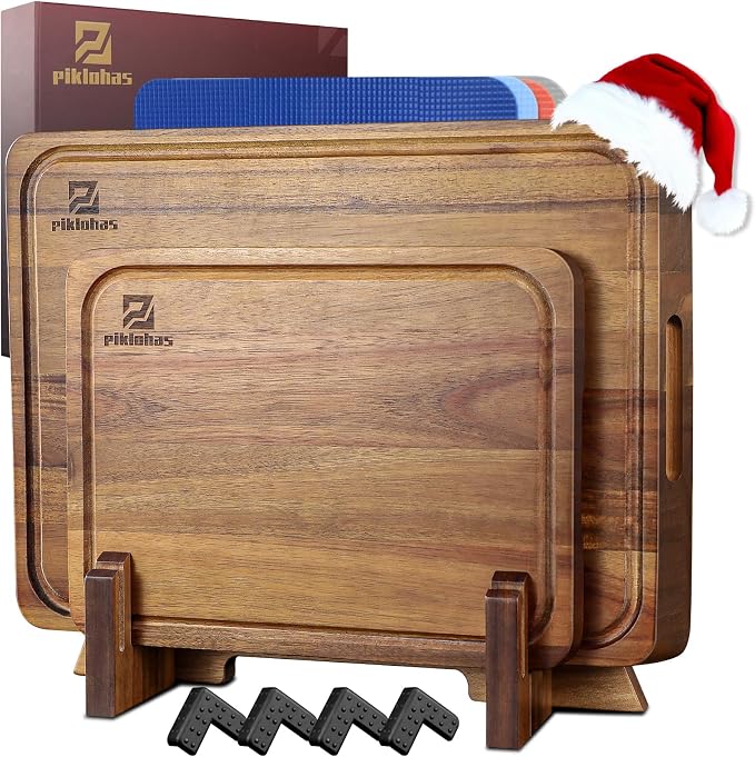 Acacia Wood Cutting Board Set for Kitchen with Wood Storage Stand | Premium Wooden Chopping Board, Reversible Cutting Board, Juice Groove, Non Slip Feet, Charcuterie Board for Meat & Cheese