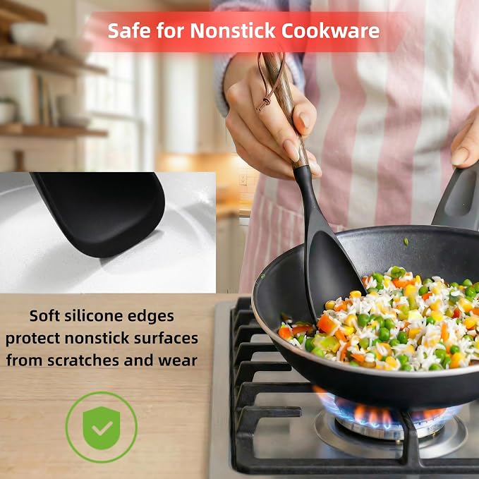 2-Pack Silicone Spoonula with Wooden Handle, BPA-Free Spatula Spoon for Nonstick Cookware, Heat Resistant Cooking Spoon for Mixing, Scraping, Scooping and Serving(Black)