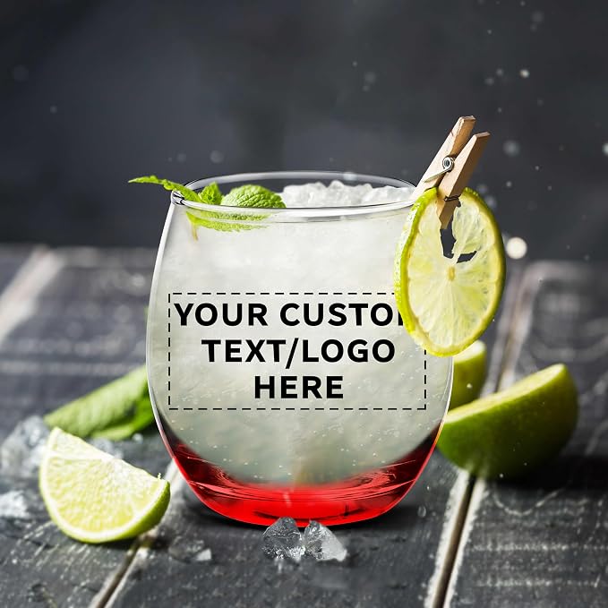 Custom Mikonos Stemless Wine Glasses 11.5 oz. Set of 10/50/100, Personalized Bulk Pack - Restaurant Glassware, Perfect for Red Wine, White Wine, Cocktails - Red