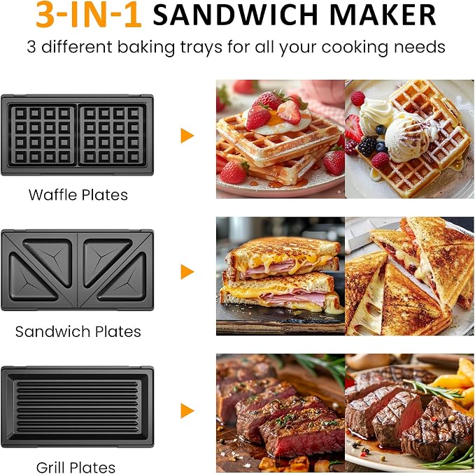 3 in 1 Electric Sandwich Maker with Removable Nonstick Plates - 750W,Black | for Belgian Waffle/Panini/Grill/Pancake Griddle/Breakfast,Dishwasher Safe,Cool Touch Handle,Easy to Clean & Store