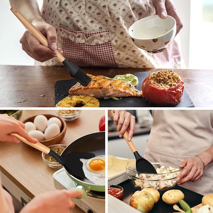 Kitchen Utensils Set of 12, E-far Silicone Cooking Utensils with Holder, Non-stick Cookware Friendly & Heat Resistant, Includes Spatula Tong Whisk Ladle Brush Slotted Turner Spoon(Black)