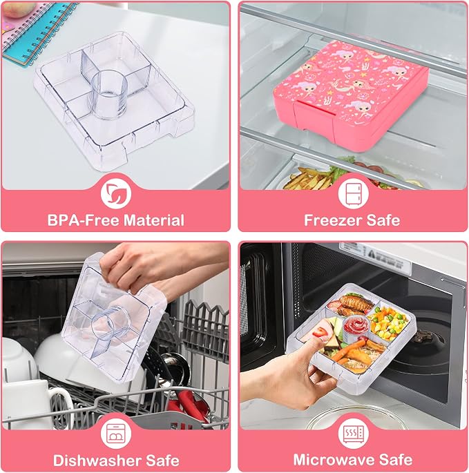 Pawtong Bento Lunch Box Set With 10oz Soup Thermo, Leak-proof Lunch Containers with 4 Compartment, Kids Hot Thermo Food Jar/Insulation Lunch Bag, Food Containers for School（Mermaid）