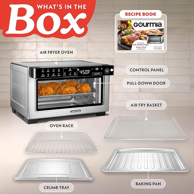Gourmia Toaster Oven Air Fryer - 4 Slice Capacity, Single Door, Digital Display, Air Fry, Toast & Dehydrate, Convection Cooking, Fits 8” Pizza, 3 Rack Positions, Dishwasher-Safe Trays, Stainless Steel