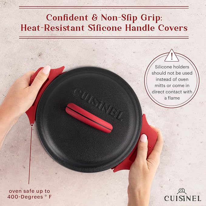 Cuisinel Cast Iron Dutch Oven - 3-Quart Deep Pot + Lid + Pan Scraper + Handle Covers - Large Pre-Seasoned Cooker for Baking Bread, Soup, Frying - Indoor/Outdoor - BBQ Cookware. PFAS and PFOA-free
