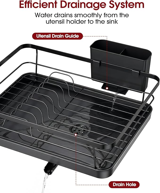 Sakugi Dish Drying Rack - Stainless Steel Dish Rack with Drainboard for Kitchen Counter and Sink, 15.6" D x 12" W x 5" H, Black