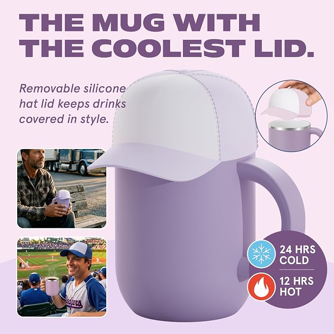 asobu Happy Hat Mug – 12 oz Double-Walled Stainless Steel Insulated Cup with Beanie-Shaped Lid – Ceramic Inner Coating – Spill-Proof and Ergonomic Design for Home and Travel (Puple)