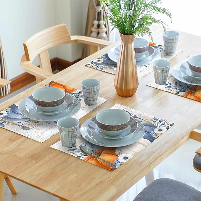 Thanksgiving Placemats Set of 4 18x12 Inch Fall Blue Pumpkin Linen Place Mats Heat-Resistant Washable Wipeable Autumn Leaf Floral Wood Grain Table Mat for Party Kitchen Dining Room Dinner Table Decor