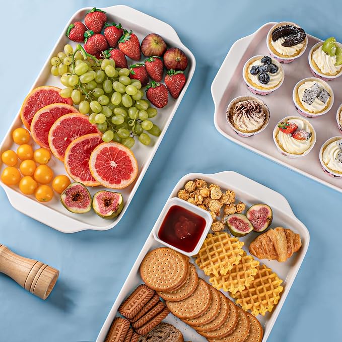 Dizada Large Serving Platter with Handles 16"x9" - White Porcelain Serving Trays Set of 3, Rectangular Platters for Entertaining, Party, Appetizer, Charcuterie