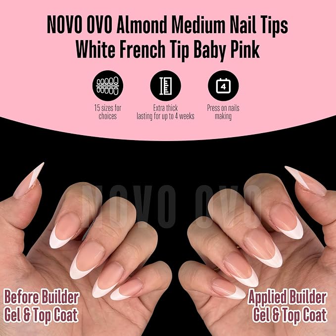 NOVO OVO White French Tip Almond Nail Tips Press on BABY PINK, Extra Thick Medium Soft Gel Fake Nail Acrylic Extension, Need Builder Gel Top Coat, No Glue Included, for Salon DIY x 15 Sizes 240 pcs