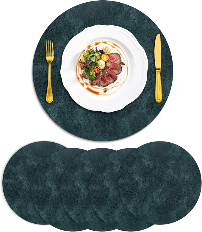 ADRIMER Placemats, Heat Resistant Round Placemats Set of 6 Washable, Waterproof Table Mats, Wipeable Faux Leather Place Mats for Kitchen, Dining Room, Dark Blue