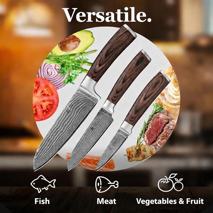 Wakoli EDIB 3-Piece Damascus Kitchen Knife Set in Wooden Gift Box | VG10 Core, 67-Layer Genuine Damascus Steel, 60 ± 2 HRC, Santoku, Utility and Paring Knife, Pakkawood Handles