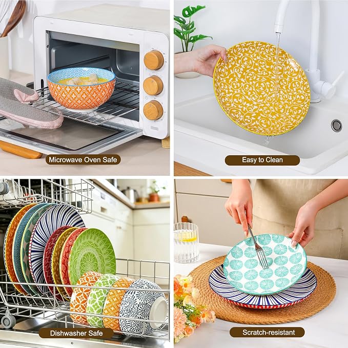 Selamica Ceramic Plates and Bowls Sets,24 Pieces Dinnerware Sets for 8,Scratch Resistant Dish Set for family gathering,Dishwasher & Microwave Safe, Assorted Colors
