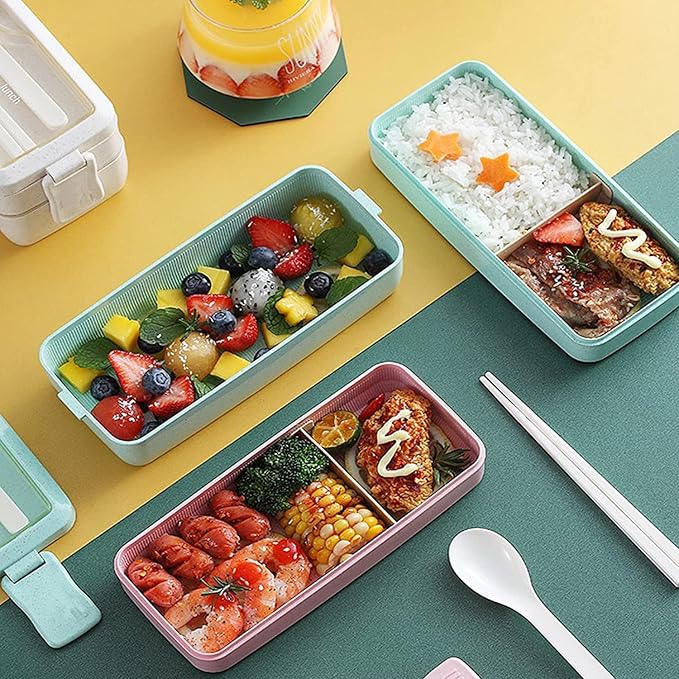 Rarapop 3 Pack Stackable Bento Box Adult Japanese Lunch Box Kit with Spoon & Fork, 3-In-1 Compartment Wheat Straw Meal Prep Containers (Green/Pink/Beige)