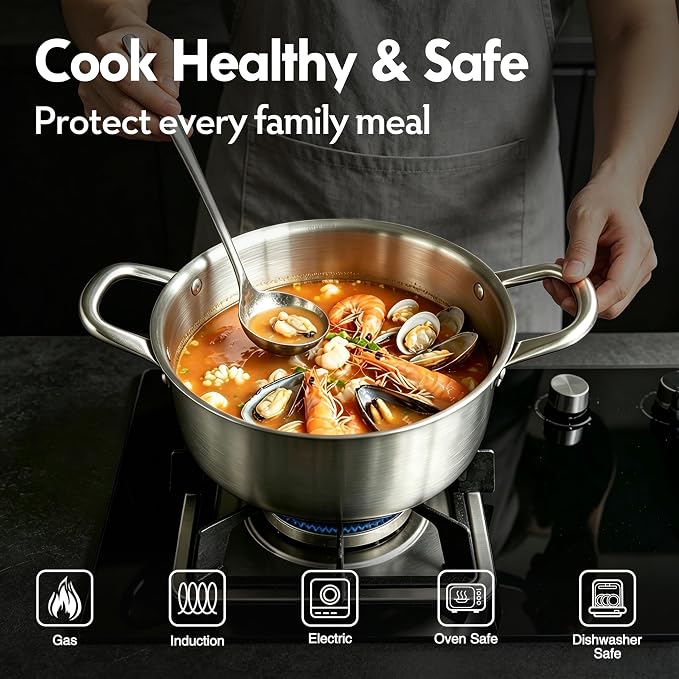 BRASA, Stainless Steel Stock Pot with Grass Lid 6.3QT+5.9in trivet,Nonstick cooking pot,for Pasta,Soup,Spaghetti,Sturdy,Induction & All Cooktop Compatible,Dishwasher safe PFOSFree (6.3QT+5.9in trivet)