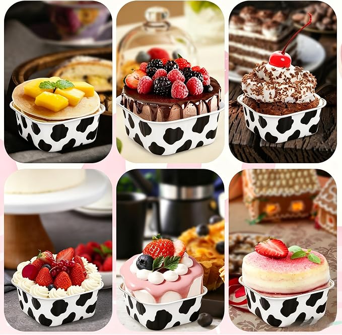 60Pack 5oz Cow Mini Cake Pans with Lids Baking Cups Aluminum Foil Pans Tins, Individual Dessert Cups Containers for Sales,Party,Picnics