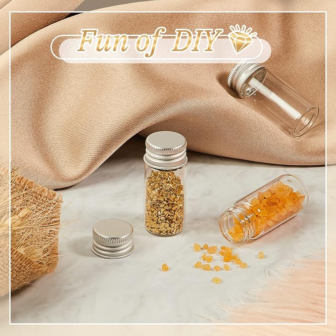 Didaey 50 Pcs Small Clear Vials Spice Mini Jars with Lids Mini Glass Bottles with Screw Aluminum Metal Caps Tiny Jars Sample Containers for Powder Cream Cosmetic Jewelry Wedding (10 ml,Silver Caps)