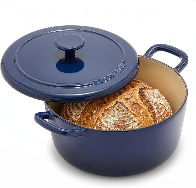 GreenPan x Bobby Flay 5.5QT Enameled Cast Iron Dutch Oven With Lid, Navy | Casserole Pot for Braising, Stews, Bread Baking & Searing, Self-Basting Lid, Induction Ready, Oven Safe To 500