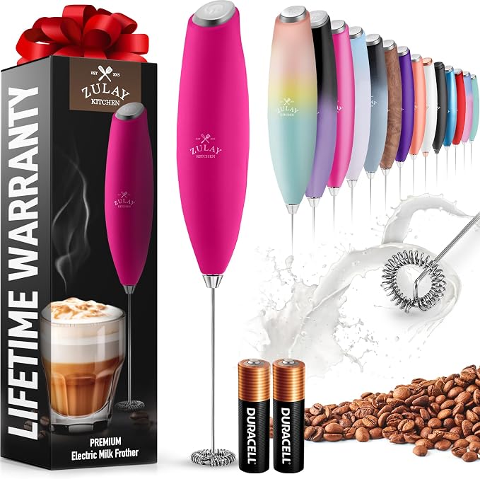 Zulay Powerful Milk Frother for Coffee with Upgraded Titanium Motor - Handheld Electric Whisk, Milk Foamer, Mini Mixer & Coffee Blender for Frappe, Latte, Matcha, No Stand - Dragonfruit