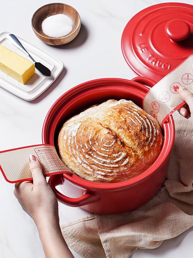 LE TAUCI 3 QT Ceramic Bread Baker with Lid for Sourdough, Covered Bread Baking Pot with Natural Steam Retention, Oven Safe to 500°F, Silicone Bread Sling Included, Chili Red