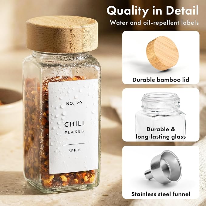 Glass Spice Jars with Label, 24x Bamboo Wooden Lids - White Labels | Airtight Lids keep spices fresh, Kitchen Spice Drawer Organizer, 4oz Seasoning Containers incl. Funnel, Brush & 240 Labels