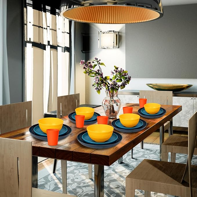 32-Piece Unbreakable Wheat Straw Dinnerware Set,Service for 8 | Premium multi-color wheat straw plates,bowls and cups set for family gatherings,rv camping,and everyday indoor-outdoor dining