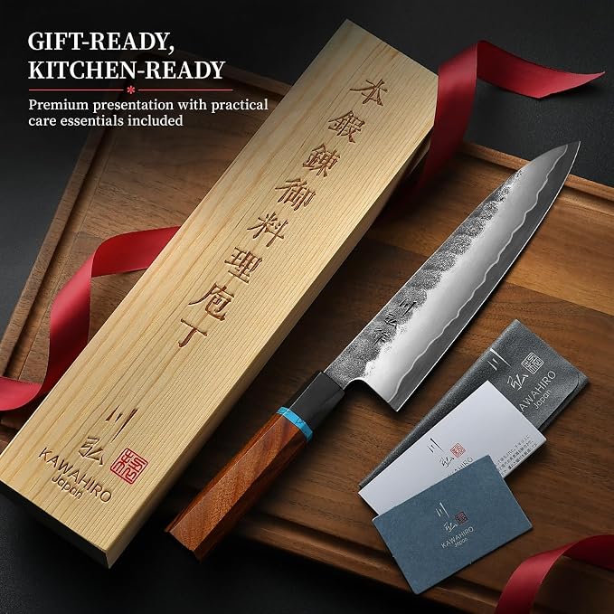 8.27 Inch Japanese Chef Knife, Hand-Forged VG10 for Precise Cuts | Hand-sharpened edge, distal taper, balanced octagonal wood handle, black-forged finish, red velvet-lined wooden gift box