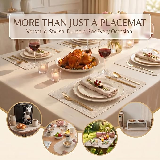 Faux Leather Placemats Set of 6, Wipeable Waterproof Stain Resistant Table Mats, Heat Resistant Thick Placemats with Hand-Painted Edges for Kitchen Dining, Imitative Linen Texture, Various Shapes