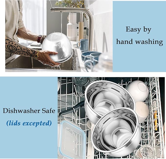 TeamFar Mixing Bowls, Stainless Steel Nesting Salad Bowls Set | Mixing Bowls with Lids & 3 Grater Attachments, For Mixing/Serving/Storing, Non-toxic & Long-lasting, 4.6/3/1.5 QT, Black