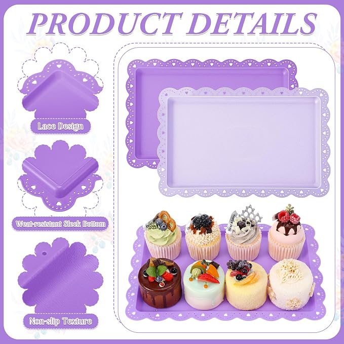 6 Pcs Purple Serving Trays Plastic Platters Dessert Cupcake Holder Party Supplies 14.4 x 9.3 Inches Rectangular Cookie Snack Display Tray for Wedding Restaurant
