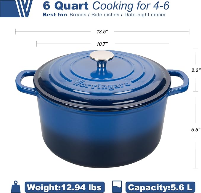 Enameled Cast Iron Dutch Oven Pot with Lid, for Sourdough Bread Baking, Round Dutch Ovens, 6 Quart, Blue
