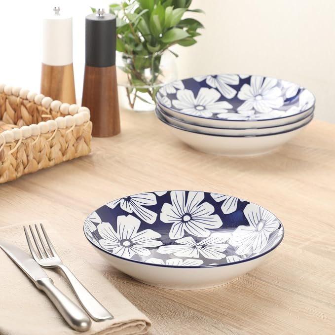 Gibson Home Heritage Sky 4-Piece Pasta Bowl Set, 8 Inch Round Stoneware Bowls, Blue & White Floral Design, Decorative Everyday Use