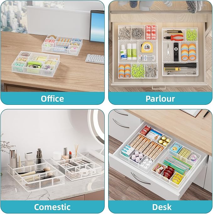 Marbrasse 2 Pack Desk Drawer Organizer, Mesh Drawer Organizer Tray with 8 Adjustable Compartments, Desk Organizers and Accessories, 5 Dividers for Office Supplies, Makeup & Vanity (White)