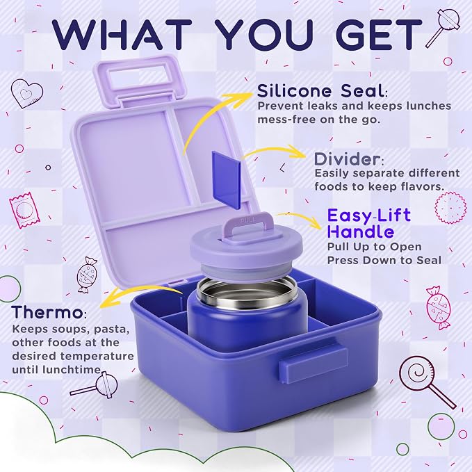 Bento Lunch Box for Kids with 8oz Thermo Containers for School,Camping | Vacuum Insulated Food Jar,Leakproof Silicone-Seal,5 Compartments with Dividers,Dishwasher & Refrigerator Safe,BPA-Free