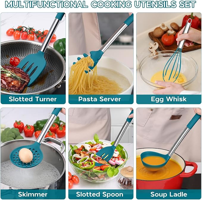Onader 15pcs Kitchen Cooking Utensils Set with Holder, Onader Heat Resistant Silicone Kitchen Utensils Spatula Set with Stainless Steel Handle - Blue