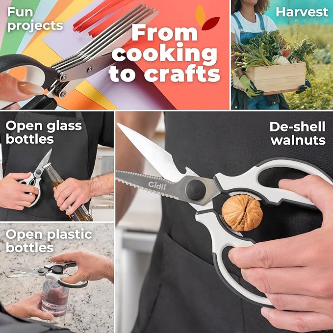 5 Blade Herb Scissors Set with Kitchen Shears - Lifetime Replace. Warranty* | Gidli Heavy Duty Sharp Kitchen Shears - Stainless Steel Vegetable Scissors for Herbs and Salad Prep - Dishwasher Safe, 2 Pack